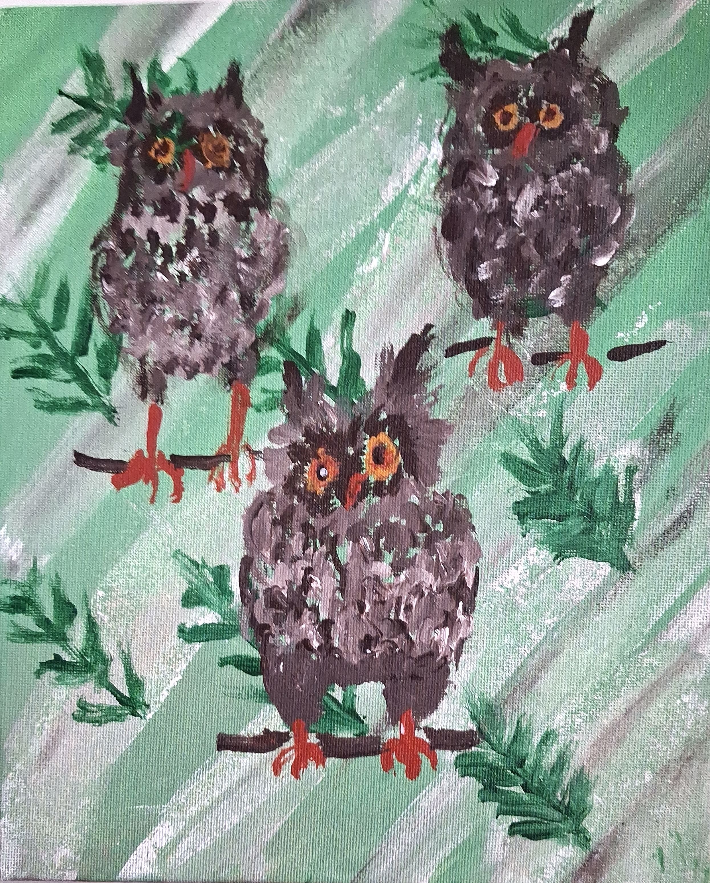 Owls on pine branches